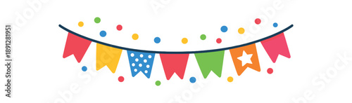 full color flat icon string of party bunting flags hanging with tiny confetti dots festive mood