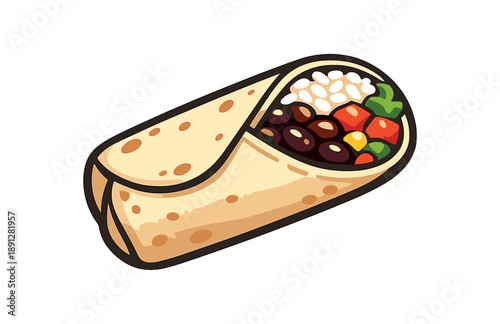 full color flat icon burrito wrapped tortilla with one open showing rice beans and veggies