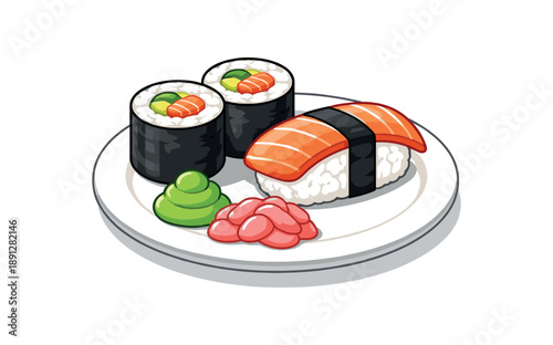 full color flat icon plate of sushi set with two maki one nigiri and tiny wasabi and ginger