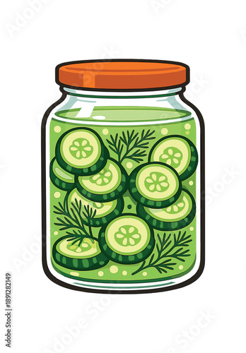 full color flat icon glass jar of pickles with cucumber slices floating and dill sprigs inside