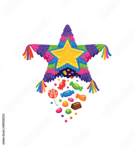 full color flat icon piñata shaped like with tiny candy pieces falling