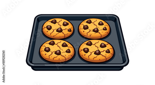 full color flat icon baking tray with four cookies slightly cracked chocolate chips and golden edges