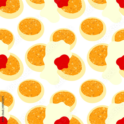 Seamless pattern of cottage cheese pancakes with condensed milk and jam topping.