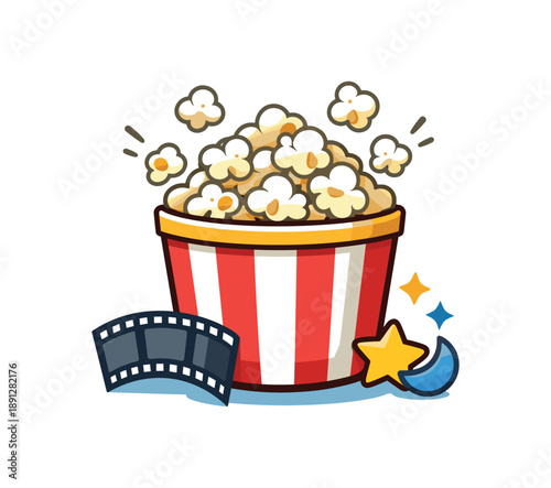 full color flat icon popcorn bucket with kernels flying and tiny film strip movie night party