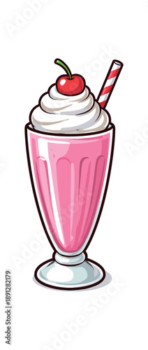 full color flat icon milkshake glass tall with whipped cream cherry on top and striped straw