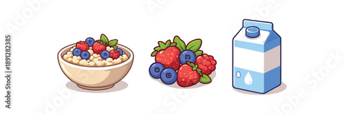 full color flat breakfast bowl beige oats berries red blue milk white