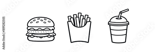 black and white outline american fries box soda cup