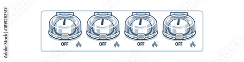 full color flat icon stove knob covers transparent caps over controls and small flame icon muted