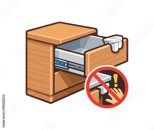 full color flat icon drawer with soft close rails and child lock symbol preventing finger pinches