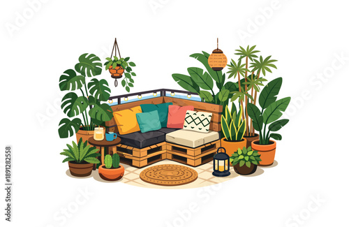 full color flat icon balcony corner pallet with cushions surrounded by pots chill space inside jungle