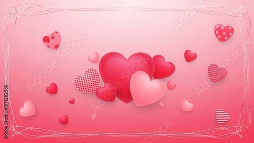 Abstract pink background with floating multicolored heart shapes and decorative linear frame
