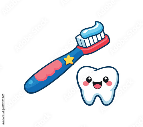full color flat icon kids toothbrush with small and smiling tooth sticker child dental habit