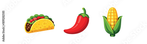 full color flat mexican taco green lettuce red salsa chili red corn