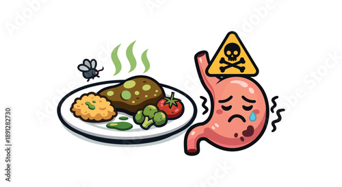 colored flat icon vector illustration isolated on white background plate with suspicious food icon and sad stomach food poisoning risk