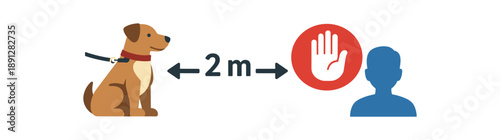 full color flat icon dog with leash and small hand stop icon teaching safe distance from animals