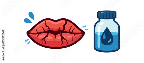 colored flat icon vector illustration isolated on white background cracked lips and small water droplet bottle dehydration from illness