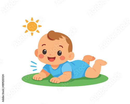 colored flat icon vector illustration isolated on white background baby doing tummy time lifting head small sun icon active play