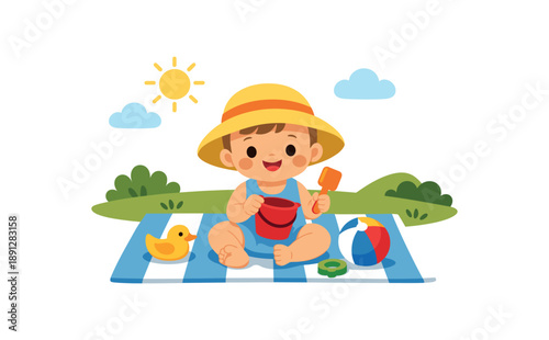colored flat icon vector illustration isolated on white background baby wearing sun hat and sitting on blanket outdoor playtime