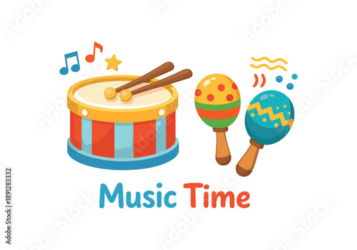 colored flat icon vector illustration isolated on white background baby music time small drum and maraca sensory play