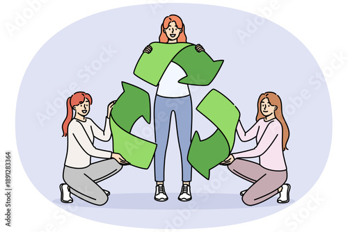 Sign of recycling in hands of women eco-activists calling to save and take care of sustainable development of environment. Symbol of recycling of materials to reduce CO2 emissions.