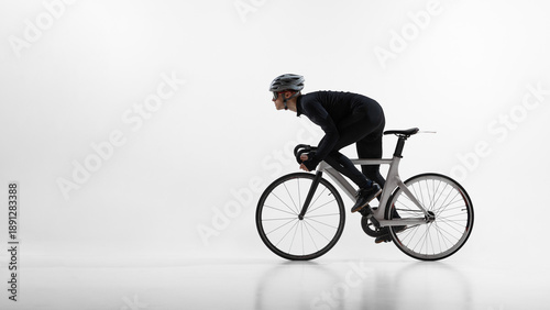 Athletic cyclist in aerodynamic position riding road bicycle isolated on white. Concept of speed optimization, racing posture, professional training, competitive sport preparation.