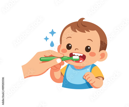 colored flat icon vector illustration isolated on white background baby brushing tiny teeth with parent help hygiene habit