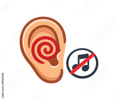 colored flat icon vector illustration isolated on white background ear with red swirl inside and tiny music note crossed ear pain sensitivity