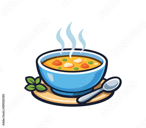 full color flat icon soup bowl with steam comfort food for recovery