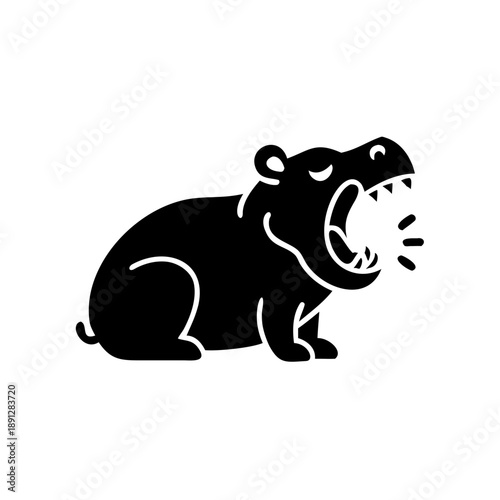 Minimalist black hippopotamus yawning, versatile animal mascot icon for branding