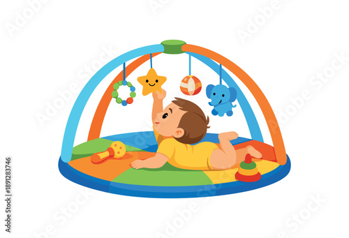 colored flat icon vector illustration isolated on white background baby on play mat reaching for hanging toy sensory play session