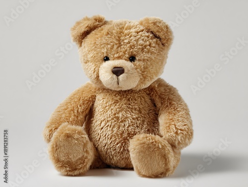 Adorable soft teddy bear toy sitting comfortably on a clean white surface perfect for display