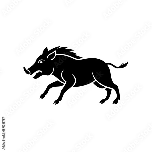 Black silhouette heraldic wild boar charging, vintage hunting mammal's  logo emblem.