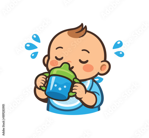 colored flat icon vector illustration isolated on white background baby drinking from training cup with little water droplets practice skill