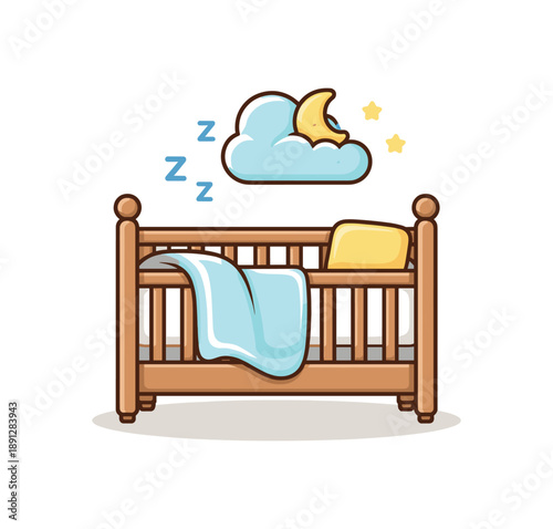colored flat icon vector illustration isolated on white background nap time crib with light blanket and small cloud icon daytime rest