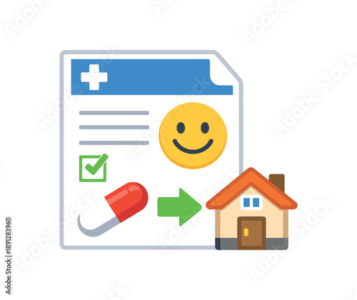 colored flat icon vector illustration isolated on white background hospital discharge paper with smile icon and pill symbol going home after illness