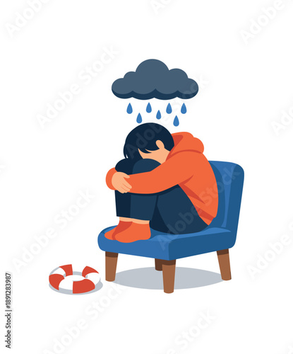 colored flat icon vector illustration isolated on white background person sitting curled up on chair with small rain cloud above head and tiny lifebuoy nearby depression support