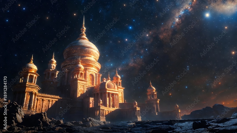 Obraz premium Majestic Golden Palace Under a Vast Starry Galaxy Night Sky