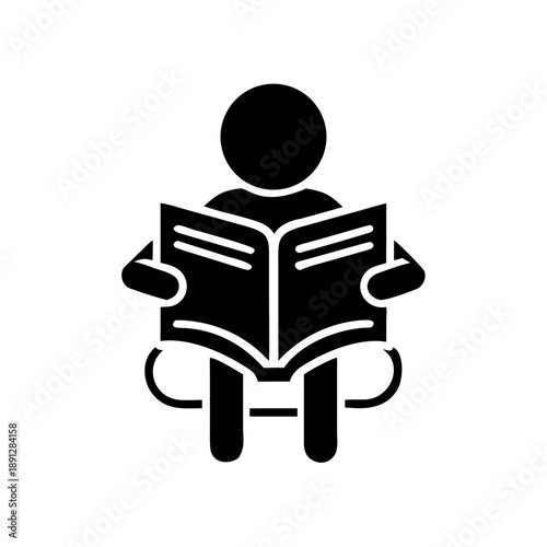 Black silhouette person reading book icon, educational symbol for learning.