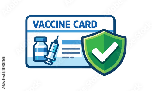 full color flat icon vaccine card with shield and checkmark preventive health care