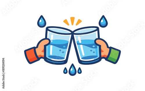 full color flat icon two water glasses clinking tiny droplet hydration reminder with friend