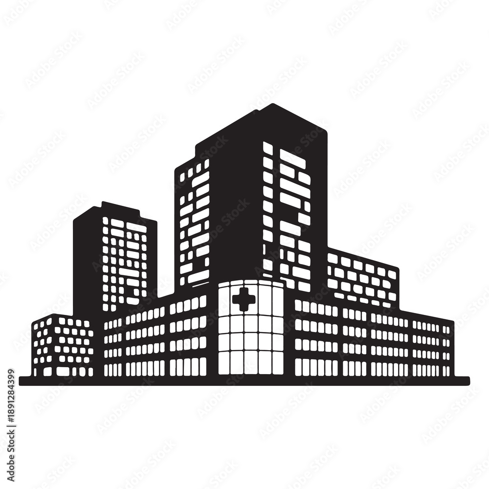 Obraz premium Hospital Building Complex Icon with Medical Cross in City Skyline
