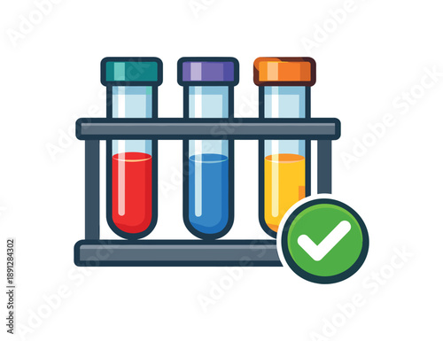 full color flat icon lab test tube trio with small checkmark regular checkup tests