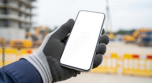 Wallpaper Mural Construction worker hand in protective glove holding smartphone with blank white screen mockup at building site background. Torontodigital.ca