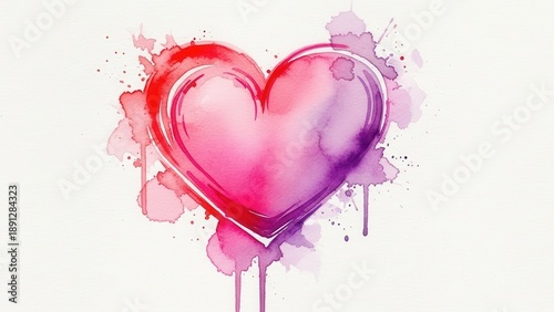 Abstract watercolor heart shape with red and purple splashes on white background
