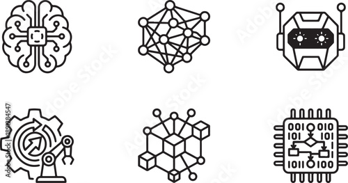 A set of technology icons representing artificial intelligence and automation concepts Vector