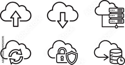 Set of cloud computing icons representing data management, security, upload, download, and synchronization Vector