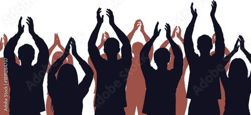 Silhouettes of people with raised hands in two tones silhouettes, people, raised hands, crowd, black, brown, white background, celebration, protest, demonstration, applause, cheering, support, solidar