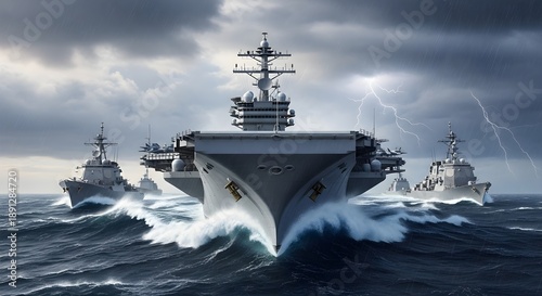 Naval Warfare. Aircraft carrier and destroyer fleet navigating through a stormy ocean with lightning during a military operation, representing global defense and maritime security.