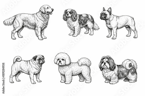Detailed black and white illustrations of various dog breeds