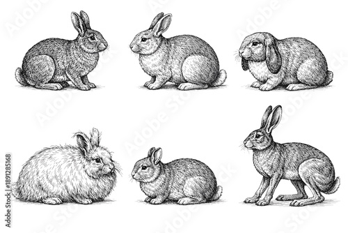 Detailed illustrations of various rabbit breeds in black and white
